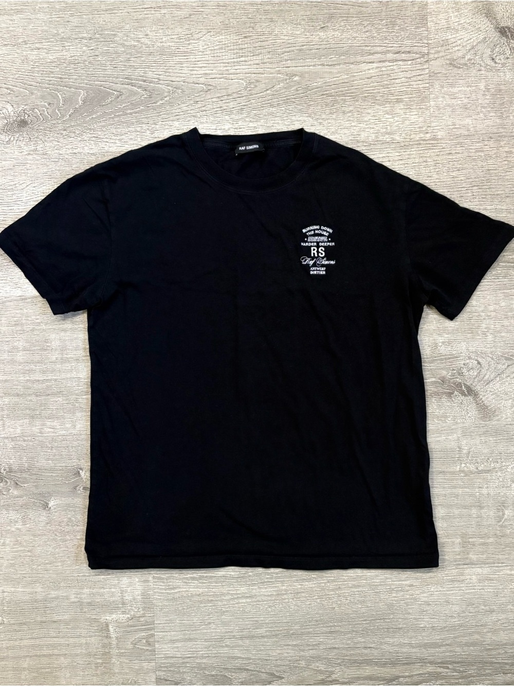 Raf Simons Burning Down The House Embroidered Black Tee T Shirt Men’s Large L